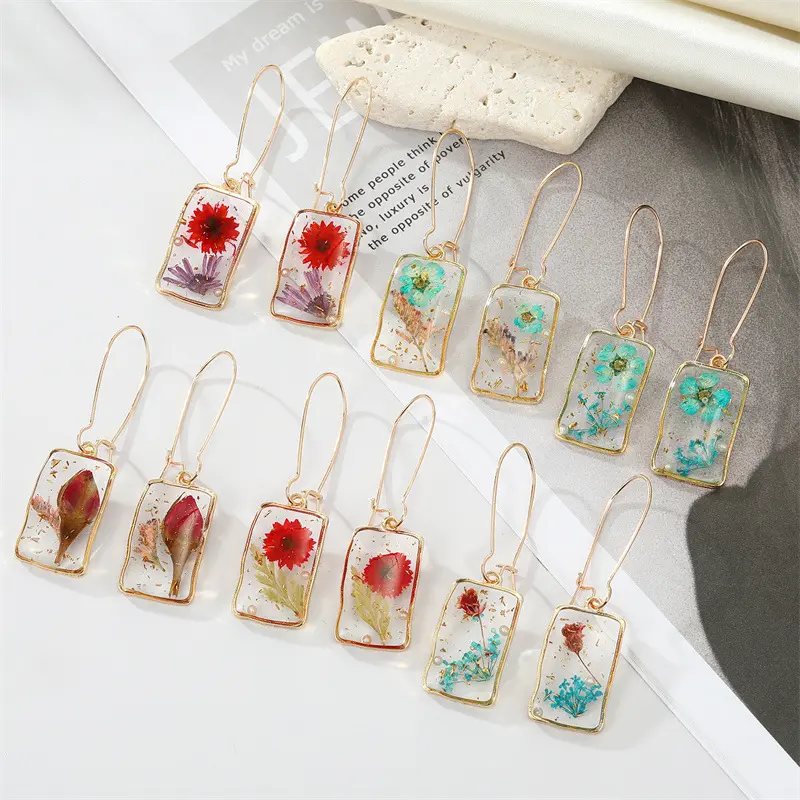 Square Natural Dried Flower Earrings Wholesale Clear Pressed Flower Earrings Women Jewelry