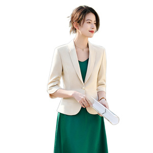 Women's Apricot Blazer Three Quarter Sleeve Solid Color Polyester Anti Wrinkle Professional Top - Product Image 5