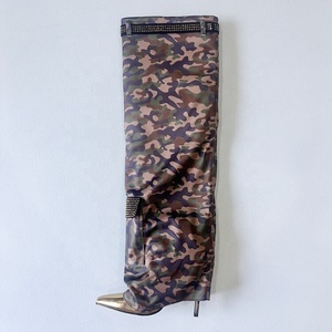 Bottes hautes pour femmes avec diamants, motif camouflage, talons fins, coupe large, bottines longues, chaussures d'hiver à talons aiguilles tendance - Product Image 6