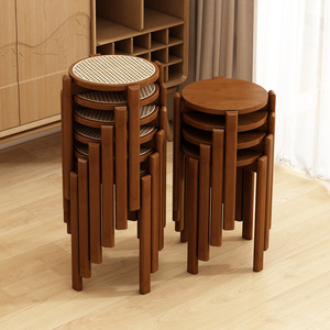 Round <b>Stool</b> With Rattan Top Solid Wood Legs For Home Dining Chair Use - Product Image 4