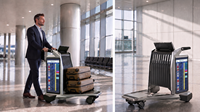 Système de sécurité intelligent avec navigation IA, fonctions publicitaires, chariot à bagages intérieur affichant des animations de texte et des graphiques LCD
