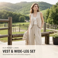 Ensemble tailleur femme en lin beige, gilet col en V et pantalon large, style Old Money, deux pièces