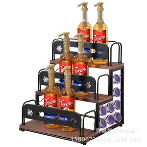 Estante de Almacenamiento de Madera de 3 Niveles, Combinación de Hierro y Madera, Exhibidor de Licores para Barra o Encimera, Soporte para Cápsulas de Café - Product Image 1