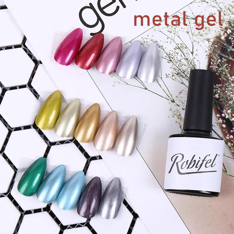 İyi fiyat Robifel toptan tedarik metalik jel lehçe tırnak sanat jel boya 3D yansıtıcı metalik astar jel Nail Art lehçe