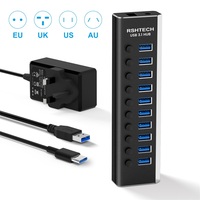 RSHTECH Hub USB 3.1 alimenté à 10 ports 10Gbps Super Speed USB Hubs Splitter 12V/3A Adaptateur USB C Hub pour accessoires macbook pc