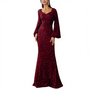 <span class=keywords><strong>Abito</strong></span> <span class=keywords><strong>da</strong></span> <span class=keywords><strong>Sera</strong></span> <span class=keywords><strong>Lungo</strong></span> <span class=keywords><strong>da</strong></span> <span class=keywords><strong>Donna</strong></span> Nuova Moda 2025 con Scollo a V, Gonna Aderente, Maniche a Tromba Scintillanti a Vita Media e Gonna a Linea A in Tinta Unita - Product Image 1