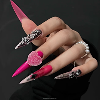 Ongles à presser extra longs style stiletto, rose vif, en acrylique 3D, couverture complète, motifs réutilisables, faux ongles avec colle
