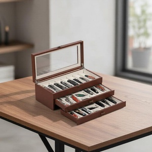 Boîte de présentation pour couteaux en bois, organisateur à 3 niveaux avec cuir PU et pochette supérieure en acier inoxydable, rangement pour couteaux de collection, cadeau pour collectionneurs et elle - Product Image 4