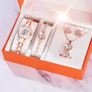 Groothandel Mode Polshorloge Vrouwen Ring Ketting Oorbel Armbanden Sieraden Quartz Horloges Set Voor Dames