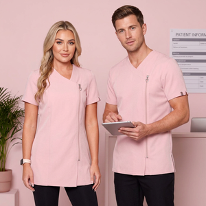 Uniformes Médicos Unisex Color Rosa, Blusas de Trabajo con Cuello en V y Manga Corta para Uso Hospitalario, Tela de Algodón y Poliéster - Product Image 2
