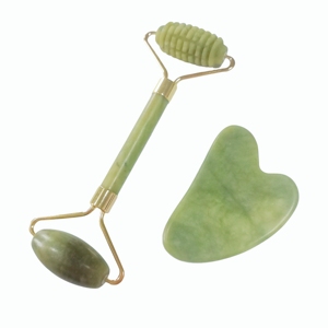<b>Jade</b> <b>Roller</b> with Guasha Stone Facial Massage Tool Set Green <b>Jade</b> Metal Frame Face Skin Care Kit - Product Image 6