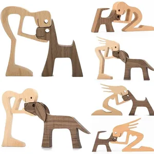 Sculpture en bois homme/femme et chien/chiot Sculpture en bois sculptée Sculpture faite à la main