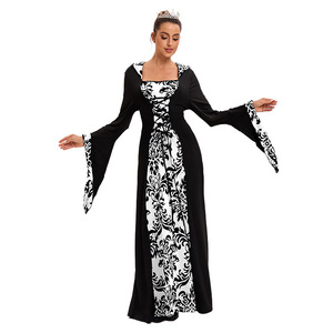 Vestido de Noche para Mujer Estilo Europeo Americano, Medieval con Capucha, Falda Larga Estampada, Retro Literario, Manga Larga, Línea A, Satén, Corte Imperio - Product Image 5