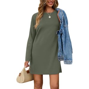 Vestido Casual de Manga Larga para Mujer FOXA, Verde, Talla M, Cuello Redondo, Corte Holgado, Transpirable, para Uso Diario - Product Image 2