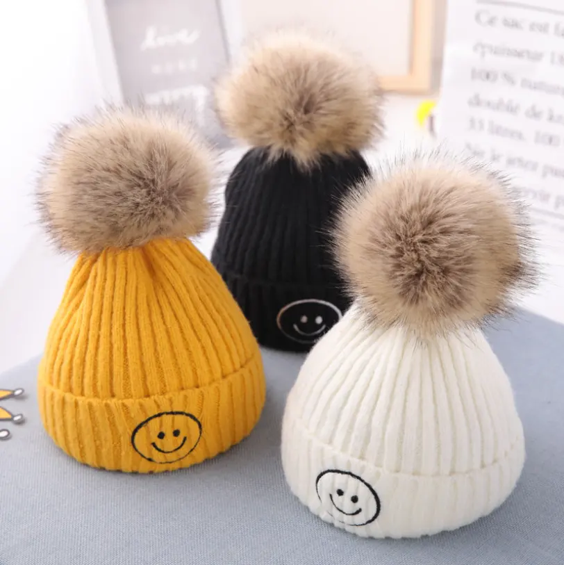 New acrylic embroidery Knitted Beanie Hat with plush pom pom children's hat winter use
