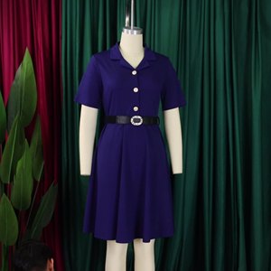 เดรสแขนสั้นสีพื้นแฟชั่นลำลองพร้อมเข็มขัด คอปกพับได้ - Product Image 3
