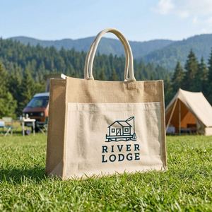 Bulk Custom Print Riverside Resort <b>Large</b> Blank Print Jute Tote <b>Bag</b> <b>Canvas</b> Panel Resort Guest Gift <b>Bag</b> - Product Image 1