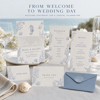 Ensemble d'invitations de mariage sur le thème nautique, motif coquillages et étoiles de mer en ligne artística bleue, papeterie de mariage personnalisée sur le thème côtier et océanique