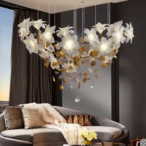 Romantic Art Home Decor Flower Piece Villa Staircase Custom Crystal LED Chandelier Light for High Ceiling