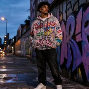 Sweat à capuche zippé Urban Graffiti pour homme, style streetwear oversize, en coton French Terry, avec broderie et impression manuelles - Product Image 4