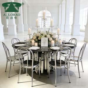 Mesas y Sillas Redondas de Acero Inoxidable Plateado con Cubierta de Vidrio de Lujo para Banquetes - Product Image 5