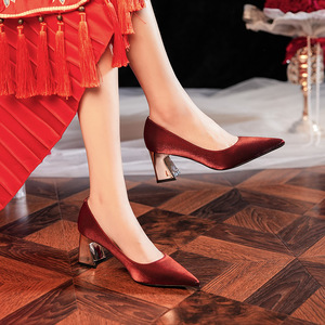Zapatos de Tacón Grueso con Punta en Pico de Satén 6222A, Elegantes Zapatos de Fiesta y Boda para Mujer, Tacón Medio, Sin Cordones, para Todas las Temporadas, Tendencia de Moda - Product Image 3