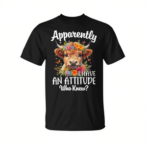 T-shirt imprimé vache des Highlands, design « Apparemment, j'ai une attitude, qui savait ? », noir, adulte, unisexe - Product Image 2