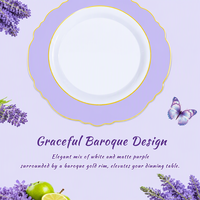 150 pièces de vaisselle jetable en plastique baroque violet lavande et or pour 25 invités, idéale pour mariage/fête/anniversaire/douche nuptiale