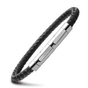 Bracelet en corde de cuir de vache tressé 8 mm noir avec boucle réglable, bijou pour homme, cadeau - Product Image 1