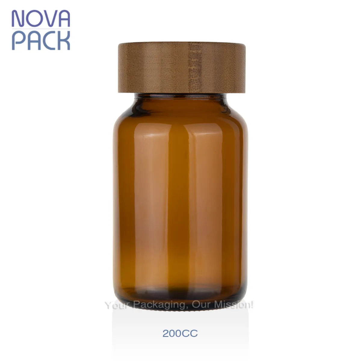Medical supplement pill bottle 60cc 100cc 120cc 150cc 200cc 250cc wide mouth amber glass vitamin capsule bottle with bamboo lid
