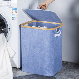 Bamboo <b>Laundry</b> Basket Rectangle Blue 41x33x52cm Foldable Canvas Clothing Organizer <b>Standing</b> Type - Product Image 2