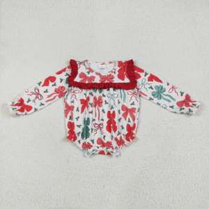 Wholesale Infant <b>Pink</b> Romper with Long Sleeves Christmas <b>bows</b> Pattern Print Zipper Closure ODM Kids Jumpsuit - Product Image 2