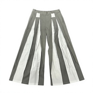 Grey <b>White</b> Casual Woven Color-Block Panelled Palazzo <b>Trousers</b> High <b>Elastic</b> <b>Waist</b> Breathable Eco-Friendly Wide-Leg - Product Image 1