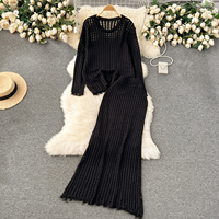 Ensemble tricoté décontracté 2 pièces pour femme, haut à manches longues et jupe à ourlet effiloché, style paresseux ajouré, collection début de printemps
