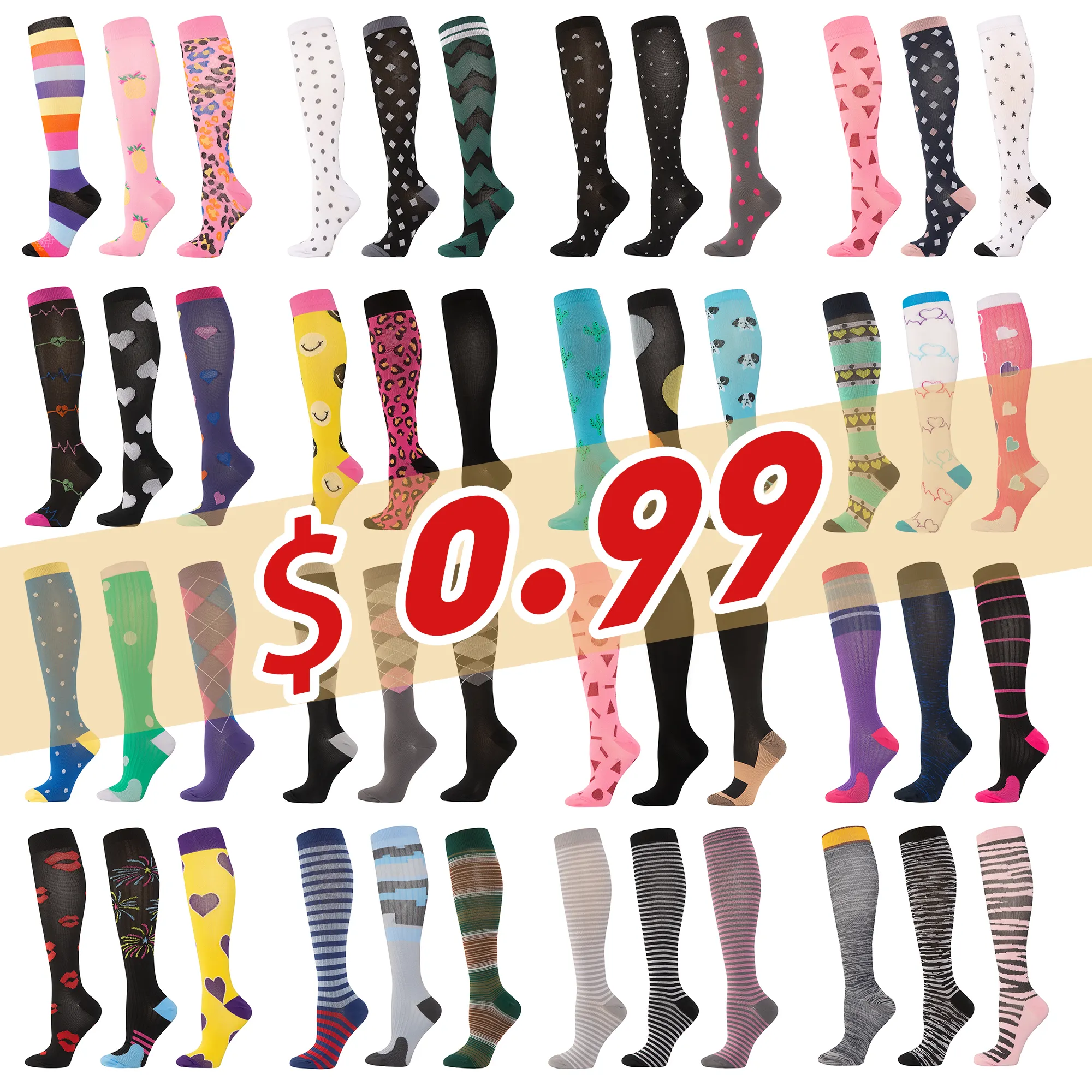 OEM Cheap Colorful Long Tube Sports Running Compression Socks Fashion Cute Nurse Men and women Compression Socks with S-XXL