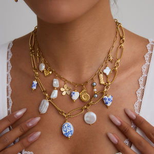 Collar de escape bohemio de moda Curado Whimsy Gold-Linked Acero inoxidable <span class=keywords><strong>con</strong></span> perla de cerámica mixta Oro para dijes eclécticos - Product Image 1