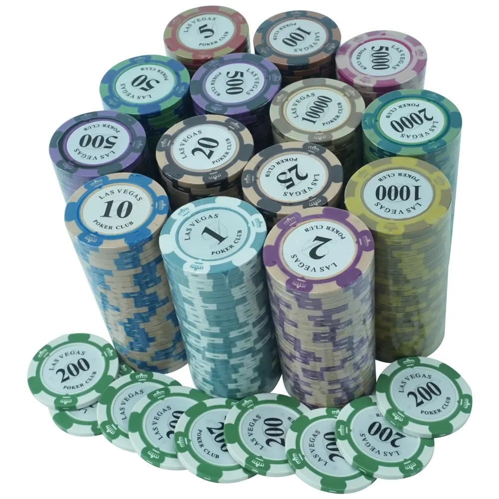 Chip Poker 2 Tone Kualitas Tinggi Tanah Liat 14G 40Mm Chip Las Vegas 3 Mahkota Stiker Nomor Putih 25 atau 50 Buah Per Gulungan untuk Kasino