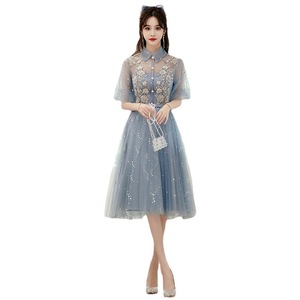 Blue A-Line Chiffon Evening Gown With Floral Embroidery Stand Neckline Natural Waist For Bridesmaid Graduation Events - Product Image 5