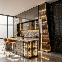 Meuble de cuisine de luxe moderne avec îlot bar et vitrine à vin, éclairage LED, ensemble personnalisé en contreplaqué, robinet, charnières, design modulaire écologique