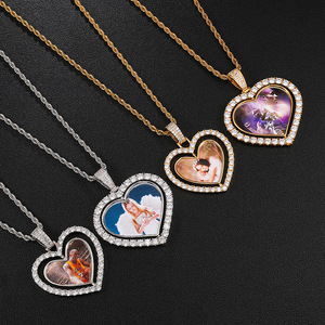 Trendy Custom DIY CZ Pendant Necklace Iced Hollow Love Heart Revolving Picture Frame Brass Plated Rope Photo <strong>Memory</strong> <strong>Gift</strong> - Product Image 4