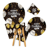 Ensemble de fournitures pour fête d'anniversaire noir et or, décorations de fête d'anniversaire, assiettes en papier, gobelets, serviettes, fourchettes, cuillères, pailles, kit de vaisselle