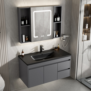 <span class=keywords><strong>Meuble</strong></span>-<span class=keywords><strong>lavabo</strong></span> mural pour projet hôtelier, en aluminium étanche, avec vasque noire, miroir LED rond et unité latérale - Product Image 4
