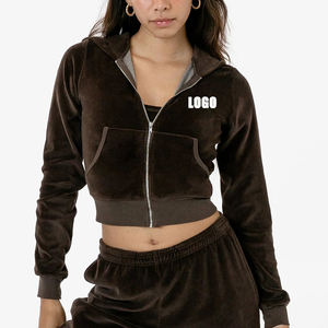 Autumn Warm Women's <strong>Velour</strong> Fleece Hooded Crop Top Zip Up Jacket Casual Outerwear - Product Image 1