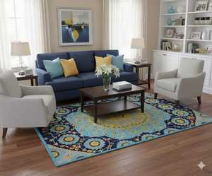 พรมขนแกะแบบถักมือลายดอกไม้สีฟ้าและเหลืองพรมอินเดียแบบกองสูงกันไฟฟ้าสถิตสำหรับห้องนั่งเล่นและห้องนอน - Product Image 1