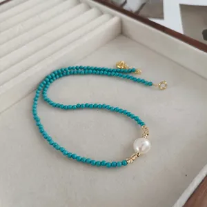 Распродажа, Женское Ожерелье из двух нитей, натуральный бирюзовый бисер с цепочкой из нержавеющей стали, модные ювелирные изделия