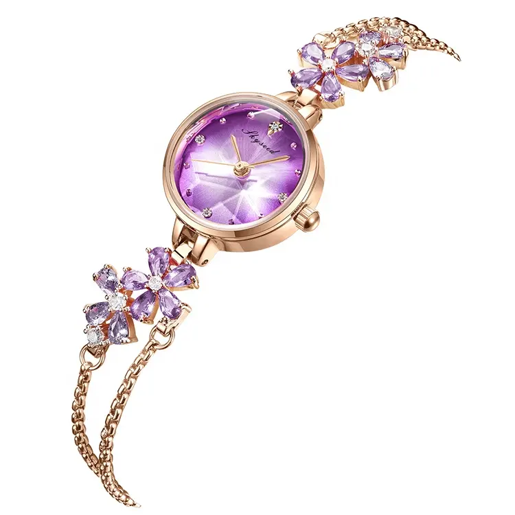 SKYSEED Aestheticism Purple Petal Small Dial Quartz Wristwatches Crystal Flower Bangle Clock Watch