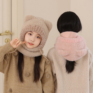 Hiver Extérieur Oreilles d'Ours Mignonnes Bonnet Tricoté Chaud pour Enfants Couleur Solide Bonnets en Peluche Echarpe de Masque 3 en 1 <span class=keywords><strong>Cagoule</strong></span> - Product Image 2