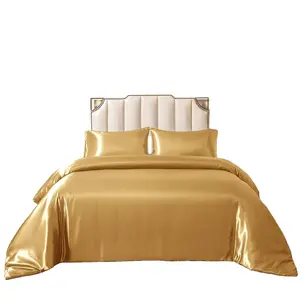 Conjunto de cama de cetim em 100% poliéster, para roupa de cama, hotel, capa de edredon, 1 capa de edredon + 2 fronhas (rainha, ouro)