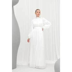 ชุดราตรีผ้าชีฟองหรูหรา คอสูง เอวทรงเอ ทรงเอไลน์ ชั้นโปร่ง สีกรมท่า 17001ELB - Product Image 1