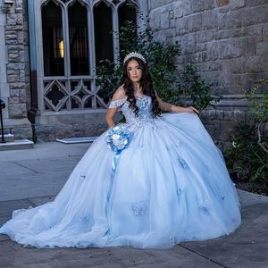 Sky Blue Off The Shoulder Ball Gown With 3D Butterfly Applique Empire Waist Chiffon Evening Dress For Adults - Product Image 2